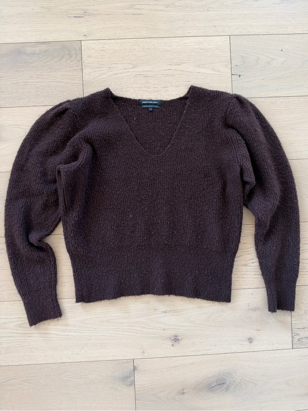 Something Navy Chocolate Brown V-Neck Puff Sleeve Sweater